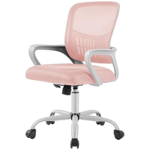 NEWBULIG Home Office Desk Chair, Mid Back Adjustable Height Mesh Ergonomic Executive Computer Chair with Armrest,360° Swivel Rotating Wheels,Comfortable Lumbar Support for Home, Bedroom, Study, Pink