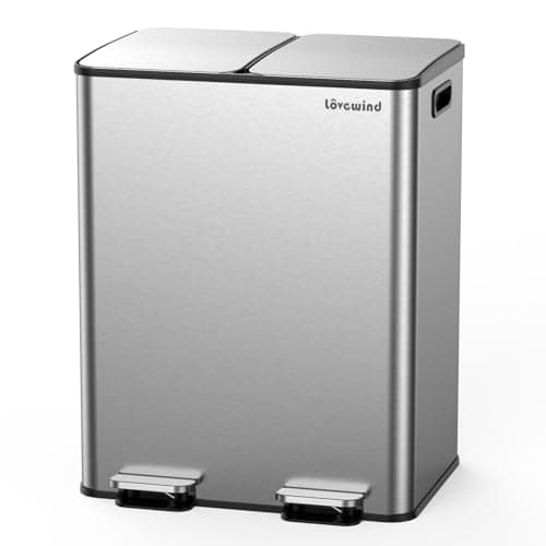 Lovewind Kitchen Trash Can, 2 x 8 Gallon (2 x 30 L) Stainless Steel Trash and Recycle Bin Combo with Soft-Close Lid, Dual Compartment Recycling Kitchen Step Trash Bin, Silver