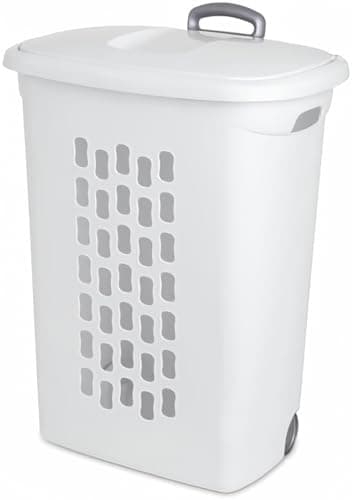 Wheeled Laundry Hamper White with Retractable Handle Large Portable Rolling Laundry Basket With Lid For Dirty Clothes - Made In USA