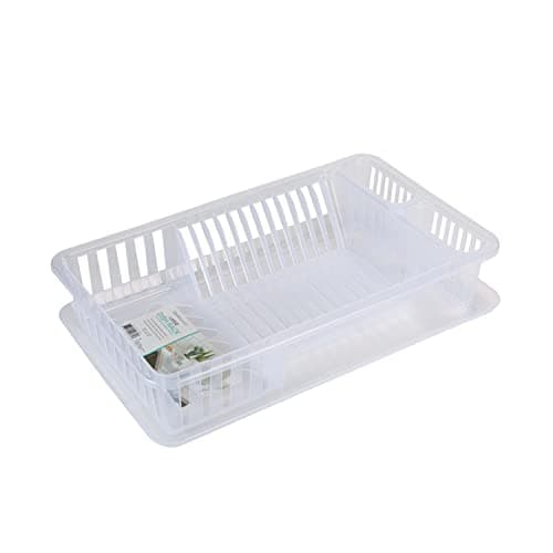 Kitchen Details Medium Dish Rack with Tray | Dimensions: 18.50" x 11.02" x 3.54" | Plastic | 12 Plate | Kitchen Accessories | Tray |Cutlery Basket | Clear | Sink Accessories | Clear