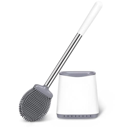 Toilet Brush, Silicone Toilet Brush and Holder Set, Flexible Toilet Bowl Brush Head with Ventilated Holder, Wall Mounted Compact Toilet Scrubber Set for Bathroom Cleaning (1, White)