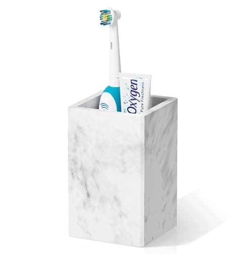 TOSHISON Toothbrush Holders for Bathrooms, Heavy Resin Tooth Brushing Holder, Marble Design Toothbrush Cup Organizer Tumbler for Bathroom Vanity Countertop, White