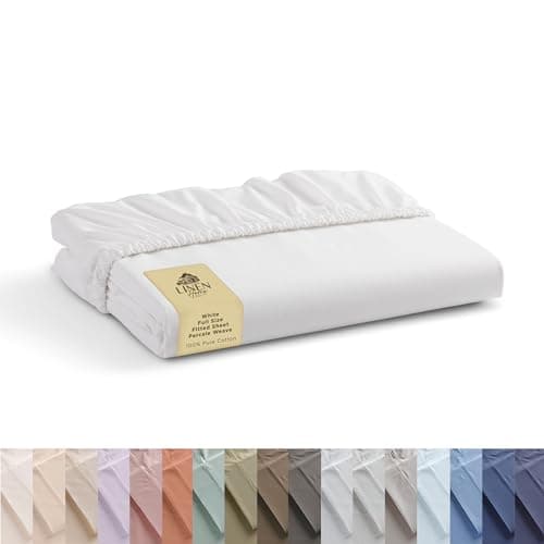 Linen Home 100% Cotton Percale Weave Fitted Sheet, Full Size, White, 1 Deep Pocket Fitted Sheet, Fits Mattress Upto 16" Crisp and Cool Strong Bed Linen, 54"X75"+15"