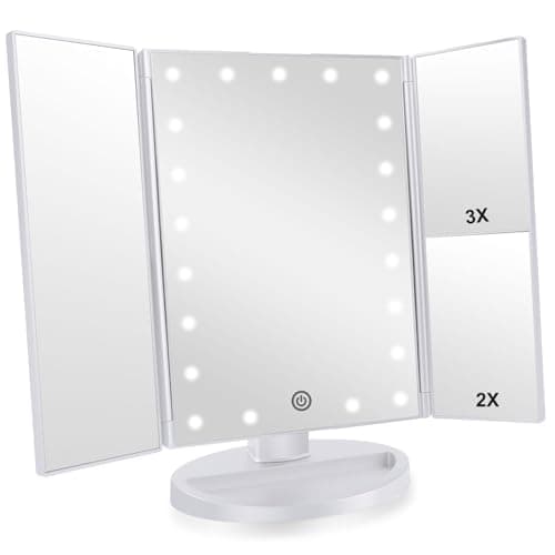 Infitrans Trifold Makeup Mirror Vanity Mirror with Lights,1X 2X 3X Magnification,Touch Control,Adjustable Rotation,Dual Power Supply,Portable Travel Cosmetic Mirror,Birthday Gifts for Women,Teengirls