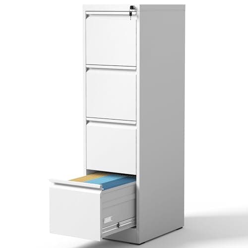 BIZOEIRON 4 Drawer Vertical File Cabinet for Home Office, Tall Metal Filing Cabinet with Lock for Legal/Letter Size Hanging File Folders, Anti-Tipping, Assembly Required (White)