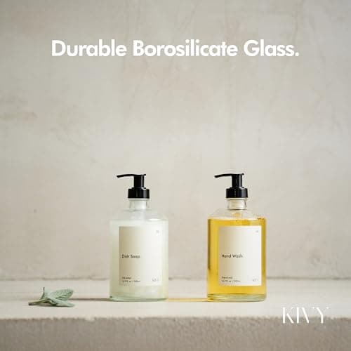 KIVY Glass Soap Dispenser Set [INCL. Waterproof Labels] - Glass Soap Dispenser with Pump - Hand Soap and Dish Soap Set - for Kitchen, Shower & Bathroom - Refillable (2X 16oz) 6