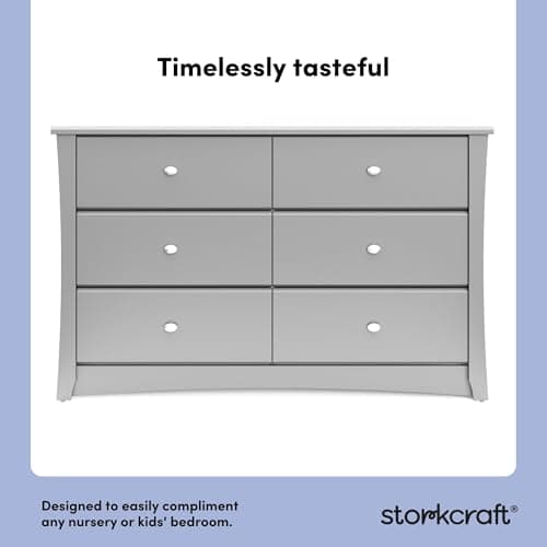 Storkcraft Crescent 6-Drawer Dresser (Pebble Gray) – GREENGUARD Gold Certified, Gray Dresser for Bedroom, Kids & Nursery Storage Chest, Safety Interlocking Drawers, Pre-Installed Tracks, Kids Chest 7