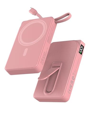 Ntaanoo for Magnetic Portable Charger, 10000mAh Wireless Power Bank with Type-C Cable 22.5W PD Fast Charging, Stand & LED Display Magsafe Battery Pack for iPhone 17/16/15/14/13/12 Series, Pink