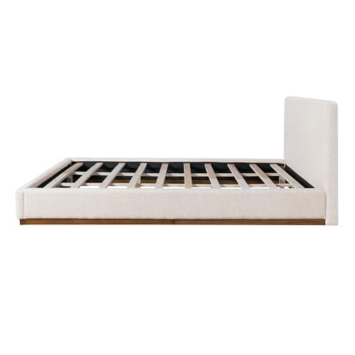 Merax King Size Bed Frame, Elegant Fabric Upholstered Platform Bed with Tall Padded Headboard for Bedroom, Solid Wood Slats Support, No Box Spring Needed, Easy Assembly, White 4