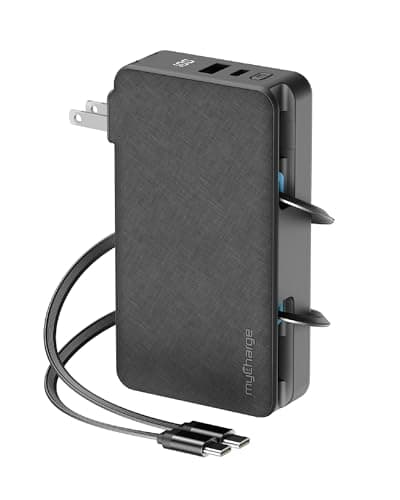 myCharge RetractaCharger 10000mAh Power Bank – 28" Retractable 2 USB-C Cables | Built-in Wall Plug | 30W PD Fast Charging | Digital Battery Display | USB-C/A Ports | Up to 60 Hrs Extra Power | Black