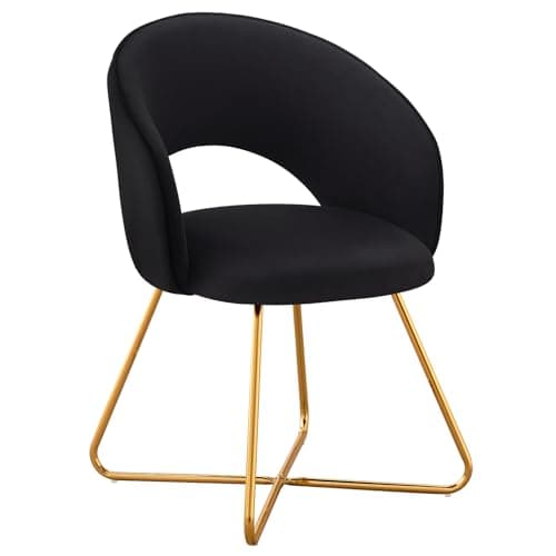 Furniliving Modern Black Accent Chair Comfy Desk Chairs for Bedroom, Upholstered Barrel Velvet Vanity Chair with Back, Mid Century Makeup Chair with Gold Legs