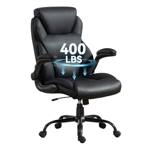 Brage Living 400LBS Big and Tall Office Chair, Heavy Duty Leather Executive Desk Chair with Padded Flip-up Arms, Swivel Rolling Computer Chair for Home Office, Black