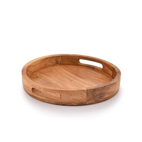 Samhita Round Serving Acacia Wooden Tray with Handles for Serving Beverages & Food on Bar Living Room Home Dining Table (12" x 12" x 1.6")