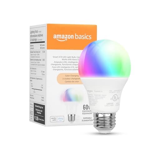 Amazon Basics Smart A19 LED Light Bulb, Color Changing, 9W (60W Equivalent), 800LM, Works with Alexa Only, WiFi 2.4 GHz, No Hub Required, Mood Lighting, Energy Efficient, 1-Pack