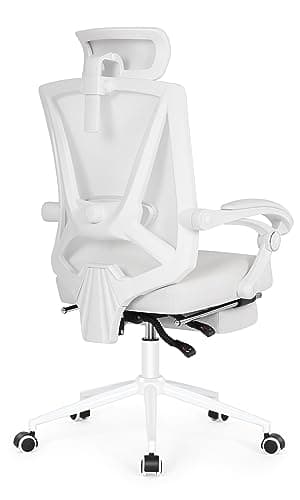 Misolant Ergonomic Office Chair with Footrest, Ergonomic Desk Chair with Adjustable 2D Lumbar Support, High Back Computer Chair with Adjustable Headrest, White Comfortable Leather Office Chairs