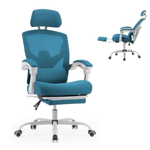 Sweetcrispy Office Computer Desk Chair, Ergonomic High-Back Mesh Rolling Work Swivel Chairs with Wheels, Comfortable Lumbar Support, Comfy Arms for Home, Bedroom, Study, Student, Blue