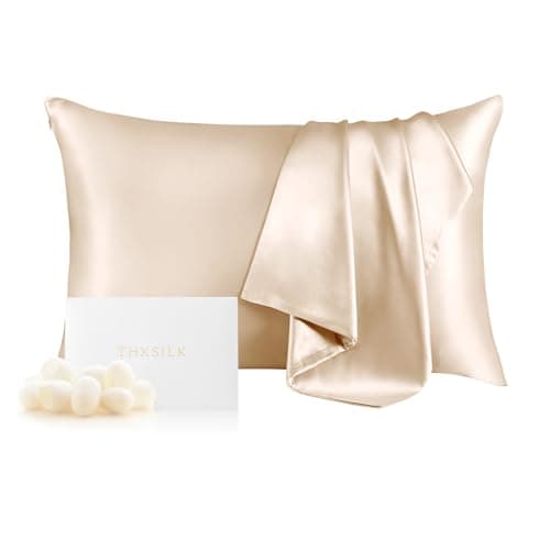 THXSILK 100% Mulberry Silk Pillowcase for Hair and Skin, Grade 6A+ Mulberry Silk Pillow Case, Hypoallergenic Pillow Case Cover with Zipper, 1pc (Queen 20"x30", Beige)