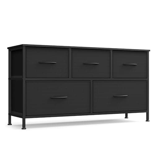 SONGMICS Dresser for Bedroom, Chest of Drawers, Steel, MDF, 5 Non-Woven Fabric Drawers, Storage Organizer Unit, Closet, Entryway, Ink Black and Ebony Black ULGS322B01S
