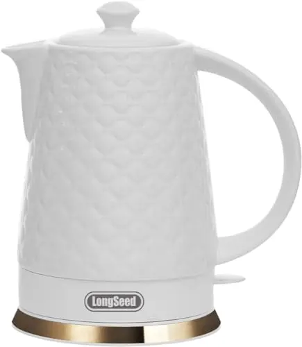 LONGSEED Ceramic Electric Kettle, 1.5L/1200W Boil Water Quickly and Easily with Boil-Dry Protection Auto Shut Off, Detachable Swivel Base, White Relief Carving