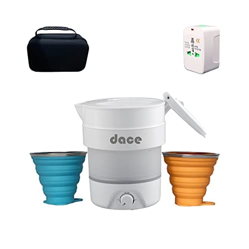 Portable Foldable Electric Travel Kettle, 800ML/27oz, White with Two Folding Cups, 110V & 220V Dual Voltage, Food Grade Silicon, Universal Travel Adaptor for US/EU/AUS and Case
