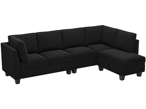 Belffin 4 Seater Sectional Sofa with Reversible Chaise, Velvet L Shaped Sofa Sectional Couch with Convertible Storage Ottoman Black 8