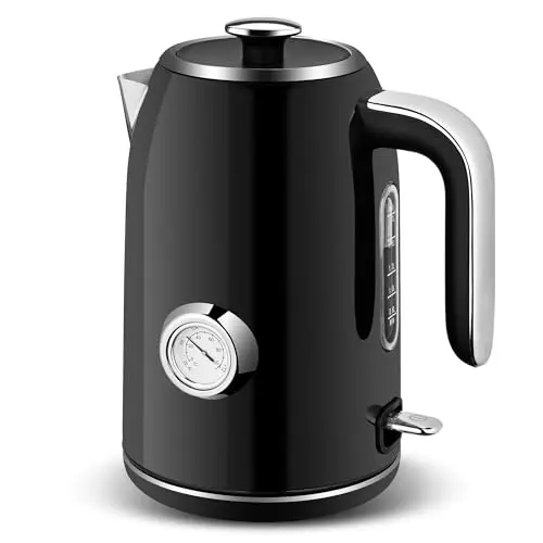 SULIVES Electric Kettle, 1.7L Stainless Steel Tea Kettle with Temperature Gauge, 1500W Water Boiler with LED Light, BPA-Free, Auto Shut-Off and Boil-Dry Protection,Black