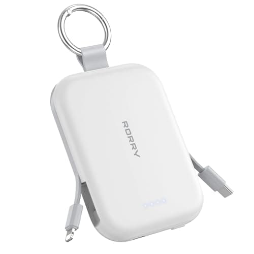 RORRY Portable Charger, 5000mAh Portable Charger Power Bank with Built-in Cables, Travel Keychain Charger Battery Pack for iPhone 17/16/15/14/13/12, for AirPods 2/3/4/Pro, White