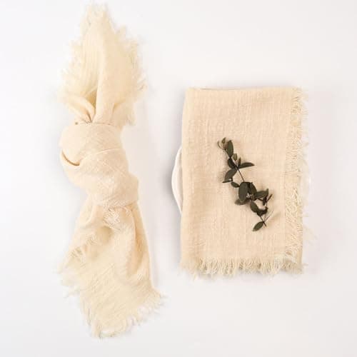 Dololoo Handmade Gauze Napkins 16.5x16.5 Inches 100% Cotton Cloth Napkins with Fringe, Set of 4 Versatile Handmade Square Rustic Fringe Napkins for Dinner, Wedding and Parties, Beige