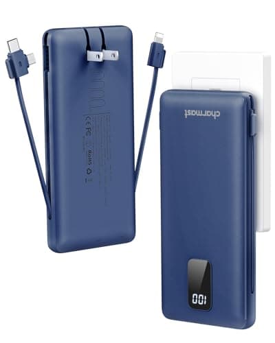 charmast Portable Charger with Built-in Cables and Plug, 10000mAh USB C Power Bank Fast Charging, External Battery Pack Slim, Travel Essentials Compatible with iPhones, Samsung Galaxy, iPad