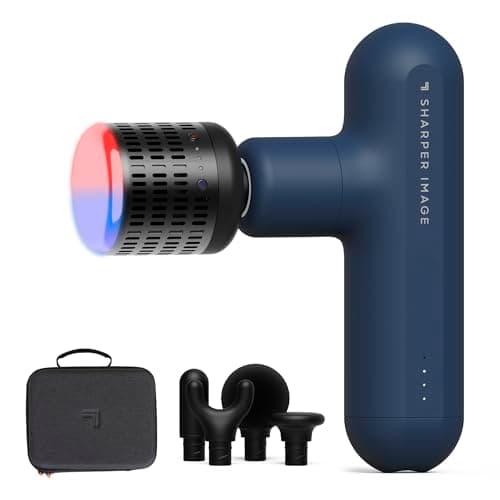 Sharper Image Deep Tissue Percussion Massage Gun, Powerboost Move Evo Hot & Cold Rechargeable Handheld Massager, 4 Adjustable Speeds, 5 Attachment Heads & Carrying Case, for Muscle Pain Relief, Blue