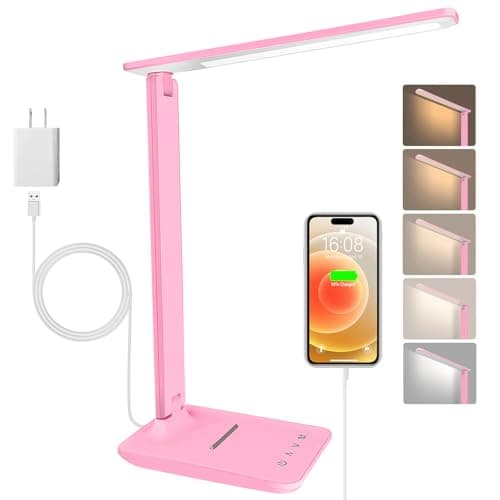 White crown LED Desk Lamp Dimmable Table Lamp Reading Lamp with USB Charging Port, 5 Lighting Modes, Sensitive Control, 30/60 Minutes Timer (Pink, First-Generation)