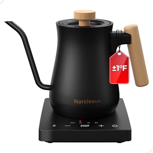 Narcissus P9 Gooseneck Electric Kettle with ±1℉ Temperature Control Function, 1200 Watt Rapid Boiling in 4 Mins, Max 6 Hours Keeping Warm, 304 Stainless Steel Interior - BPA Free, Black