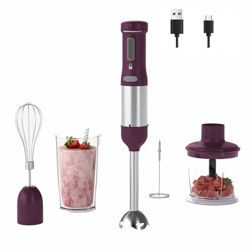 WHUTO Cordless Immersion Hand Blender, 5-in-1 Variable Speed blender handheld,Rechargeable with 2000mAh Battery, BPA-Free & Dishwasher-Safe Accessories:700ml Beaker,Chopper,Whisk & Milk Frother,Plum