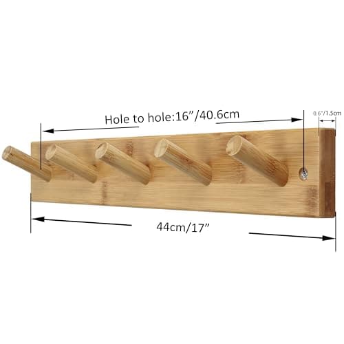 SKOLOO Wooden Wall Mounted Coat Rack,16'' Hole to Hole, 5 Pegs Bamboo Wall Hook for Hanging Clothes Robes Towels Hats,Natural Gold 5