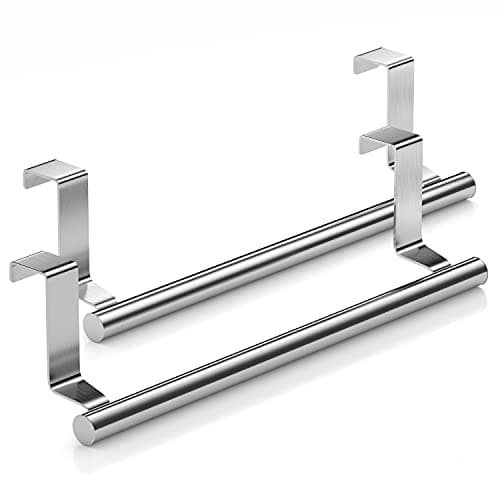 Mosuch Stainless Steel Over Door Towel Rack Bar Holders for Universal Fit on Over Cabinet Cupboard Doors 2 Pack (Sliver)