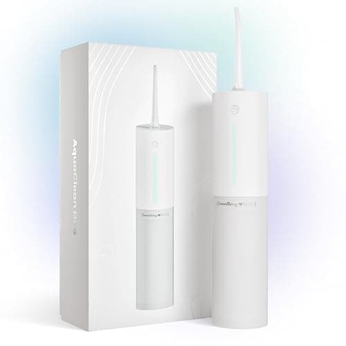 SOMETHING NICE AquaClean Duo Water Flosser - Portable, Waterproof, Includes Nozzles, Magnetic Charger, & Travel Bag | Dentist Designed Cordless Flosser for Teeth Cleaning Ideal for Braces (White)