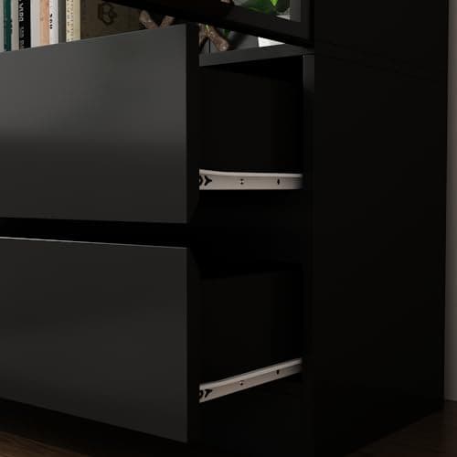 FUNISIR Curio Display Cabinet with Light, Storage Shelves with Pop-up Glass Doors, 2 Drawers & 3 Color Light, Collectibles Cabinet Display Shelf, Bookshelf Showcase for Living Room, Black w/Drawer 7