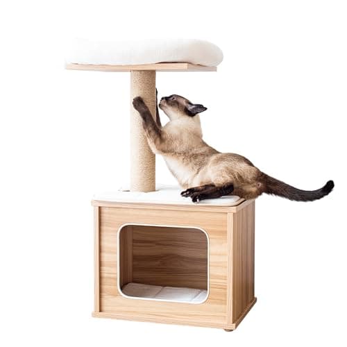 Catry 29.7" Tall 3 Level Laminated Wood Cat Tree with Large Base Condo, 2 Paded Steps, Natural Jute Scratching Post, Sturdy and Easy to Assemble for Small Cat, Brown