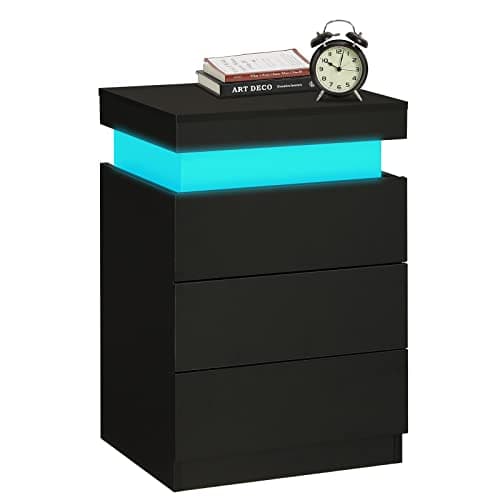ADORNEVE Nightstand with Charging Station and LED Lights,Night Stand with Sliding Top,Bedside Table with Drawers,Modern End Side Table for Bedroom,Black 8