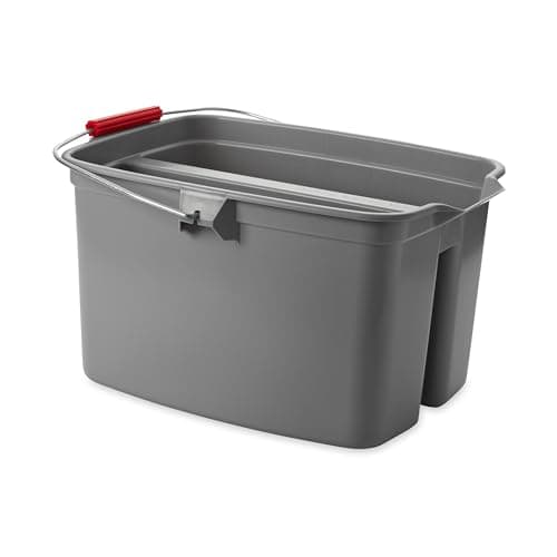 Rubbermaid Commercial Products Double Pail Plastic Bucket for Cleaning Easy to Carry 19 Quart Gray Cleaning Caddy Supplies Organizer with Handle for Bathroom/Kitchen