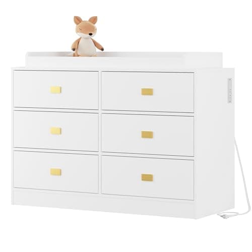 Patikuin Dresser for Bedroom with 6 Drawers, Wide Chest of Drawers with Changing Table Top, Nursery Storage Organizer for Infant with Power Outlets, Changing Pad & Removable Top (White)
