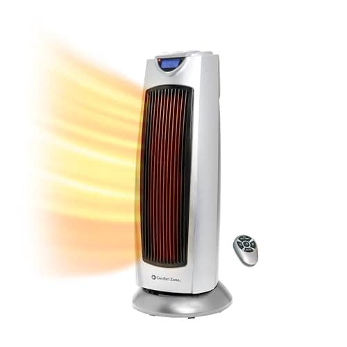 Comfort Zone 1500W Oscillating Ceramic Tower Space Heater – Portable Electric Heater, Digital Display, Remote Control, 80° Oscillation & 12H Timer – Tip-Over & Overheat Protection for Home & Bedroom