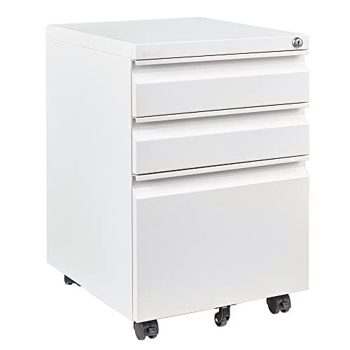 3 Drawer File Cabinet with Wheels,Under Desk File Cabinet with Lock,White Rolling Filing Cabinet,Three Drawer Metal Filing Cabinets for Home Office,Fit A4/Letter/Legal,Fully Assembled Except Casters
