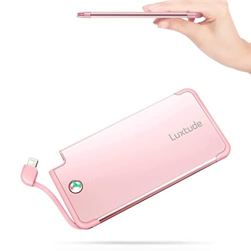 Luxtude Portable Charger iPhone Built in Lightning Cable (MFi Apple Certified), Ultra Slim Portable Phone Charger Thin Battery Pack, 5000mAh Power Bank for iPhone 14/13/12/11/10 etc. (Metal Pink)