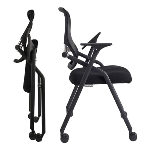 BLANEDUO Updated Conference Room Chairs, Folding Office Desk Chair with Lumbar Support and Sliding Armrest with Casters, Stackable Office Guest Chairs & Reception Chairs, 1 Pack Black