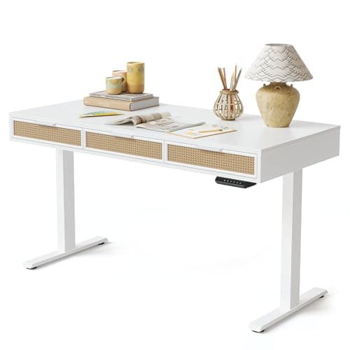 FEZIBO 55X26 Inches Boho Style Height Adjustable Electric Standing Desk with 3 Rattan Drawers, Stand up Desk with Large Storage Space, White（2 Packages）
