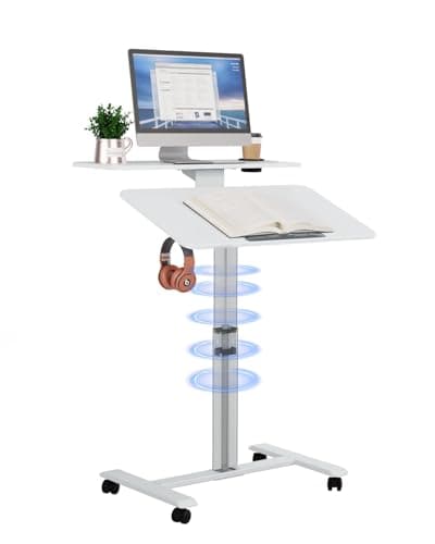TecbL Pneumatic Standing Desk with Wheels - Adjustable Height 28" - 46" & 0-90° Tilt, 31.5" x 17.7" Skin-Feel Desktop, Rolling Computer Desk for Home Office, Hospital, School (White)