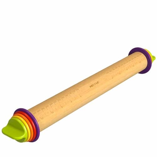 Mepple Rolling Pin with Thickness Rings for Baking,Fondant, Pizza, Pie Crust, Cookie, Pastry, Roller Rod for Dough Thickness, 13.6" Adjustable Wooden Rolling Pin with 4 Thickness Rings