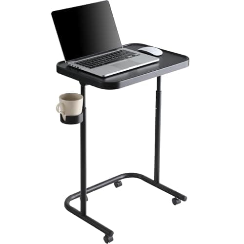Keepo Metal TV Tray with Wheels/Casters, Side End Table, Adjustable Meal Tray, Folding Laptop Table with 3 Heights, 0 to 90 Degrees Tilt Angles, Portable Over Bed & Sofa Stand Desk (Charcoal)