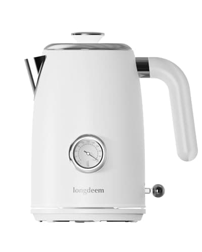 Retro Electric Tea Kettle 1L, Stainless Steel Water Boiler with Built-in Thermometer, BPA-Free, Fast Boil, Auto Shut-Off, Perfect for Home, Office, Dorm, Pure Water, Drip-Free Spout, White